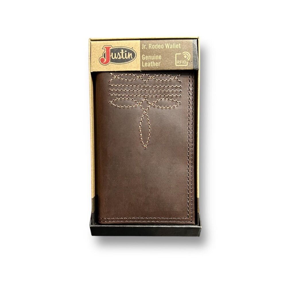 Justin Jr. Rodeo Wallet Brown Genuine Leather RFID Western Boot Stitch Detail
